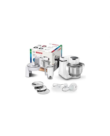 Кухненски робот bosch kitchen machine, mum serie 2, 700 w, large 3.8l stainless steel bowl, 3d planetarymixing, 4 speeds, pastry set, 3 discs, tr blender 1.25 l, white