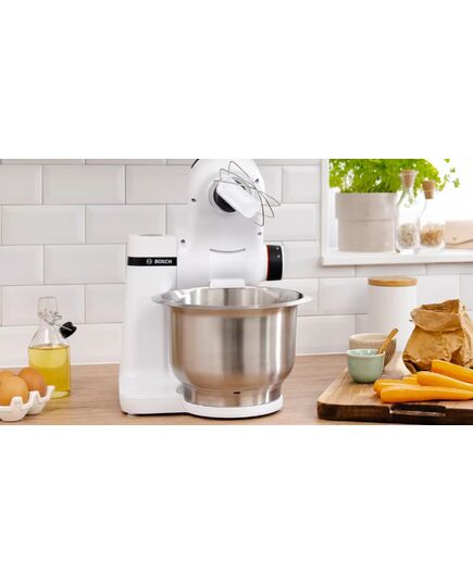 Кухненски робот bosch kitchen machine, mum serie 2, 700 w, large 3.8l stainless steel bowl, 3d planetarymixing, 4 speeds, pastry set, 3 discs, tr blender 1.25 l, white