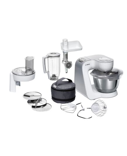 Кухненски робот bosch kitchen machine, mum5, 3d planetary mixing 1000 w, add. plastic blender, meat mincer, white - silver