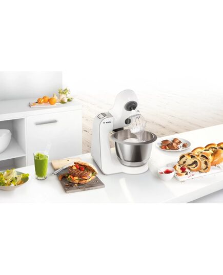 Кухненски робот bosch kitchen machine, mum5, 3d planetary mixing 1000 w, add. plastic blender, meat mincer, white - silver