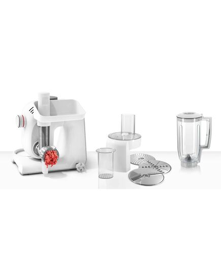 Кухненски робот bosch kitchen machine, mum5, 3d planetary mixing 1000 w, add. plastic blender, meat mincer, white - silver