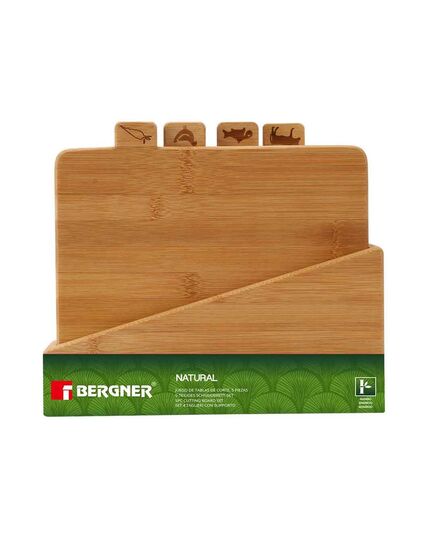 Комплект бамбукови дъски за рязане 4 броя + поставка bergner natural